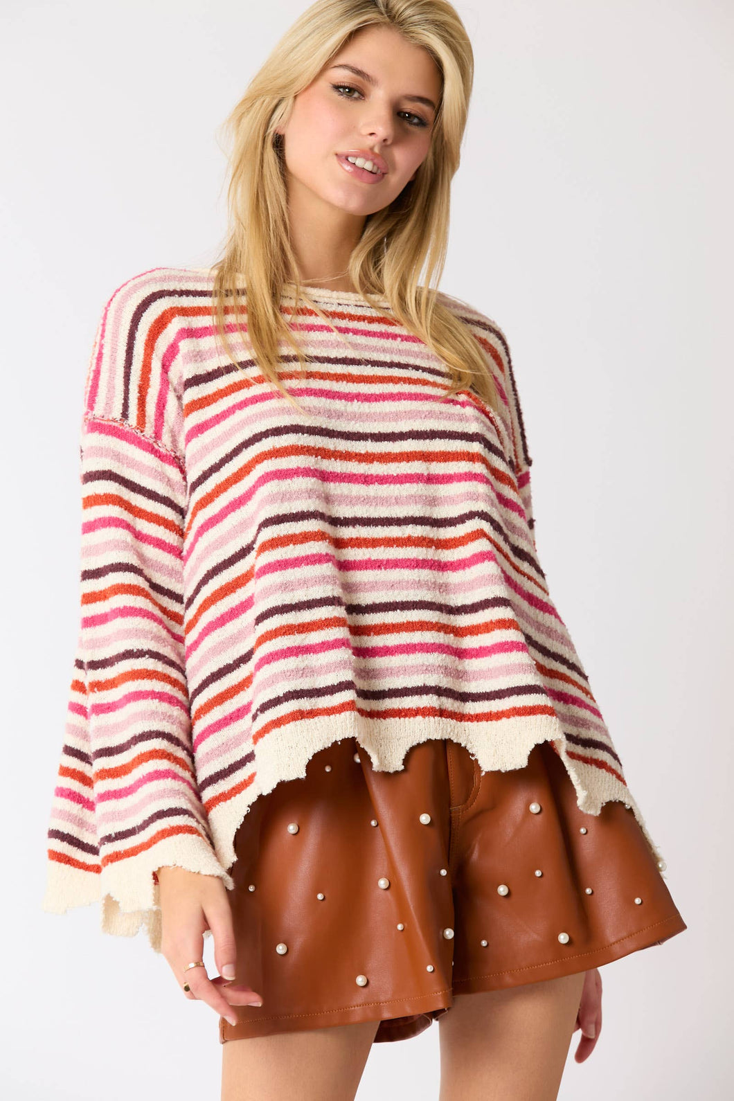 Dusty Pink Multi Color Stripe Loose Fit Sweater