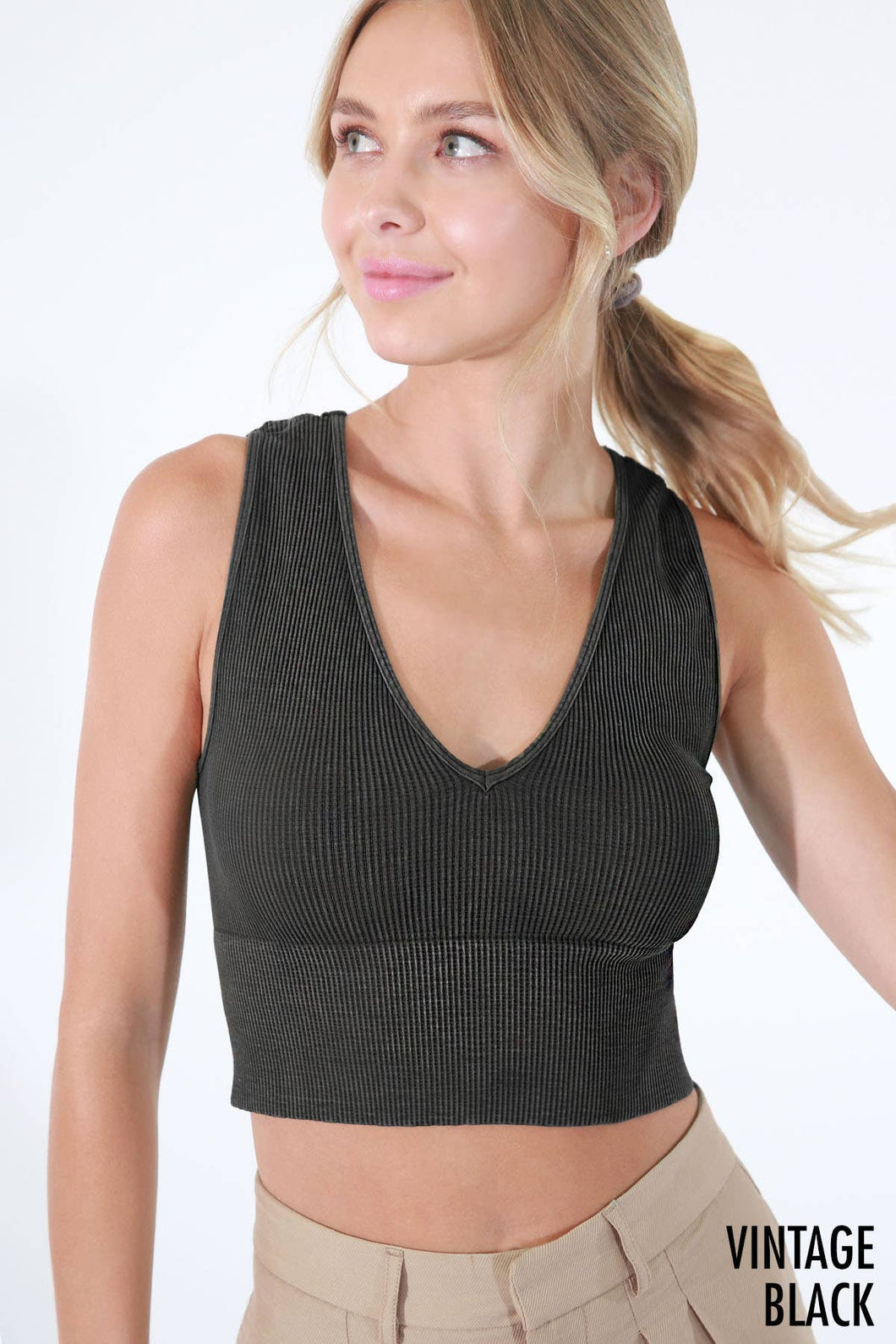 Vintage Black V-Neck Seamless Crop Top