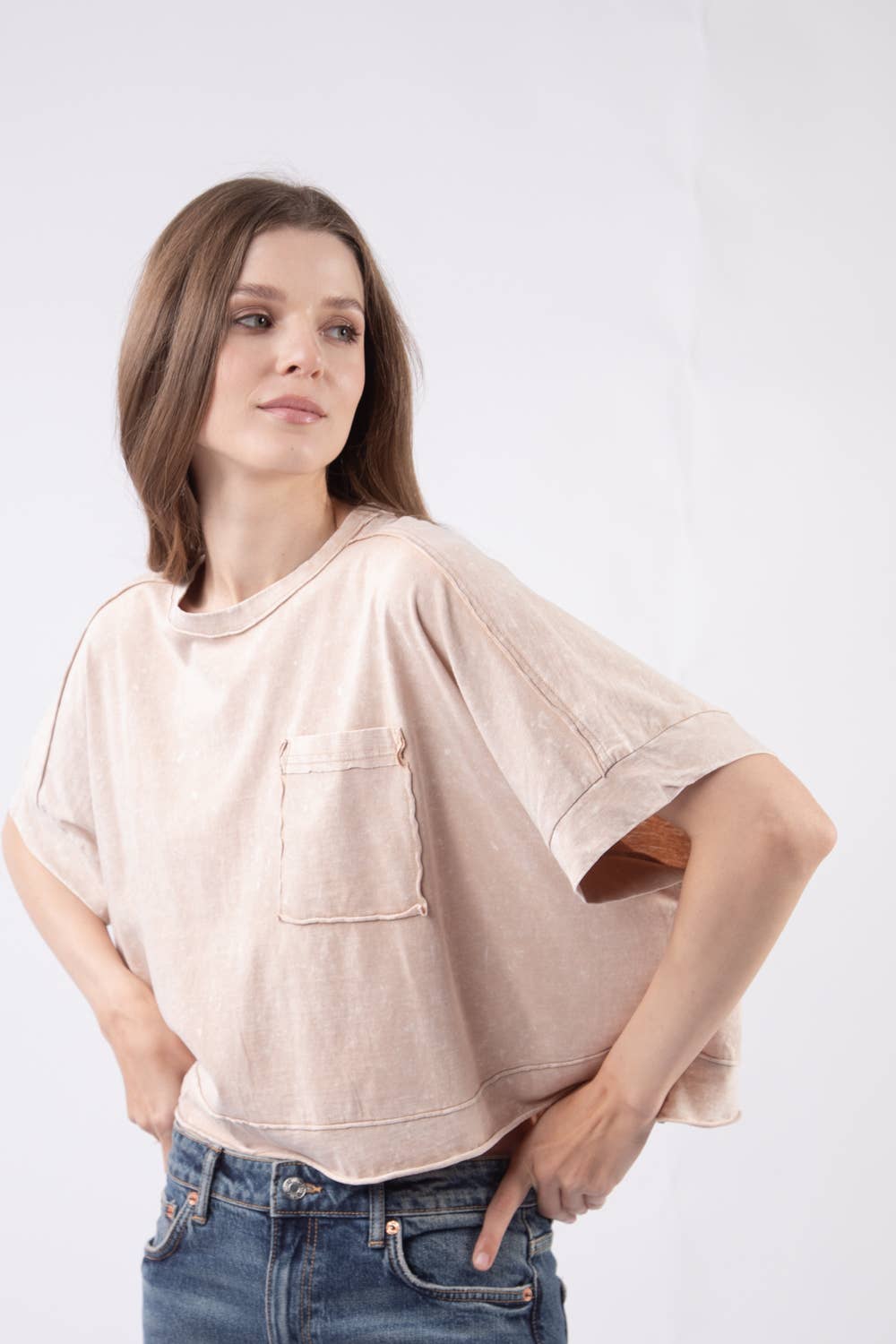Taupe Oversized Washed Crop Knit Top