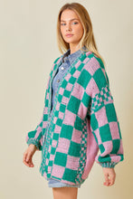 Load image into Gallery viewer, Pink Teal Checkered Knit Cardigan
