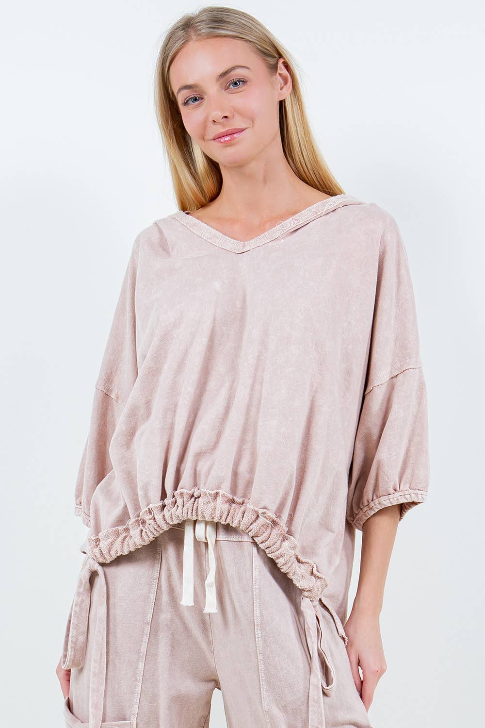 Taupe Mineral Wash Drawstring Hoodie Top