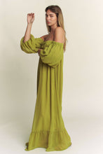 Load image into Gallery viewer, Take A Moment Chiffon Off Shoulder Maxi Dress- Chartreuse
