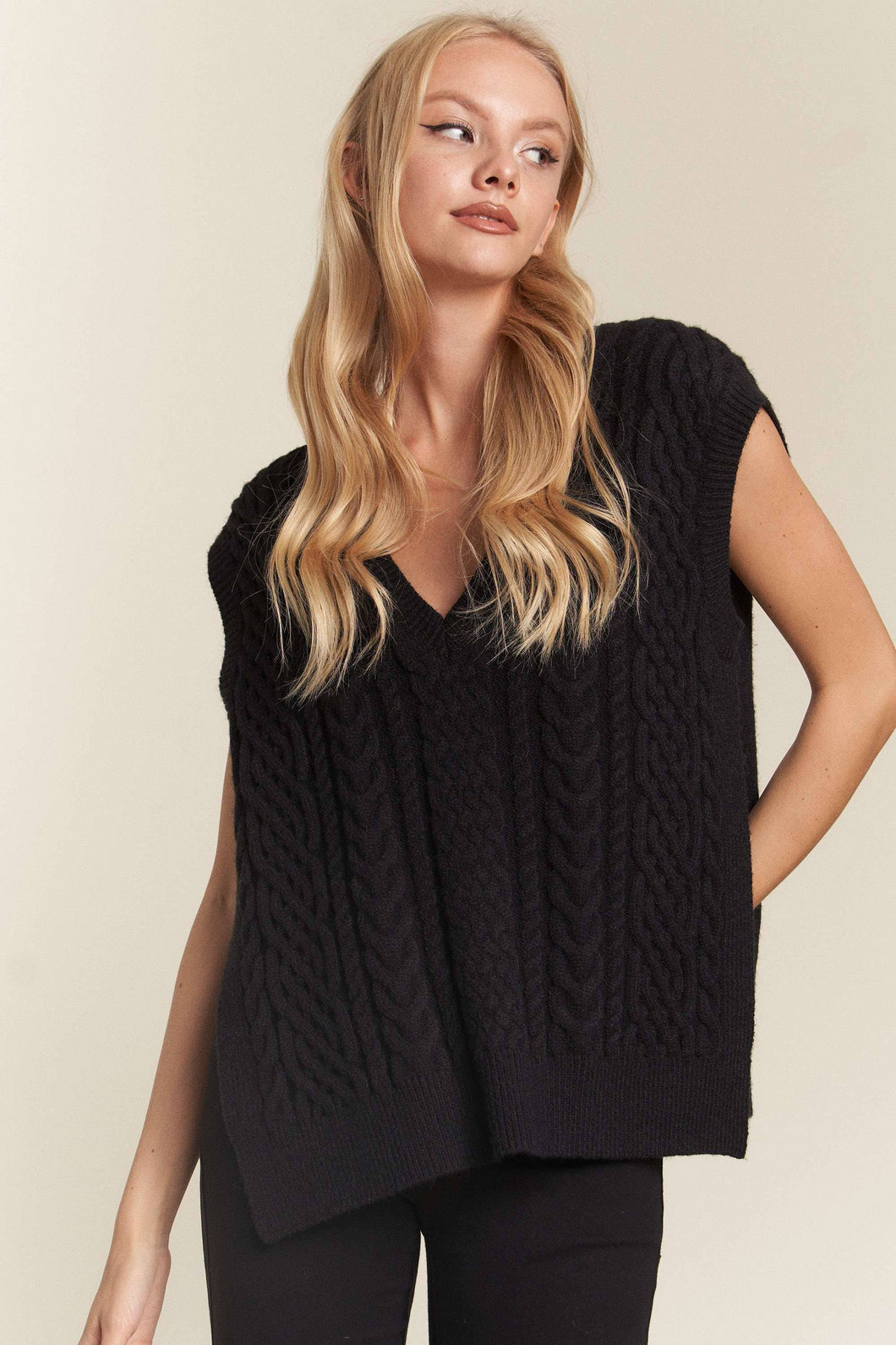 Black V-neck Sleeveless Openside Sweater Vest