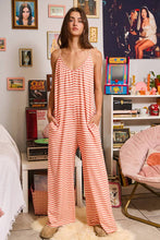 Load image into Gallery viewer, Camel Wide legs V-neck Striped Knit Jumpsuit
