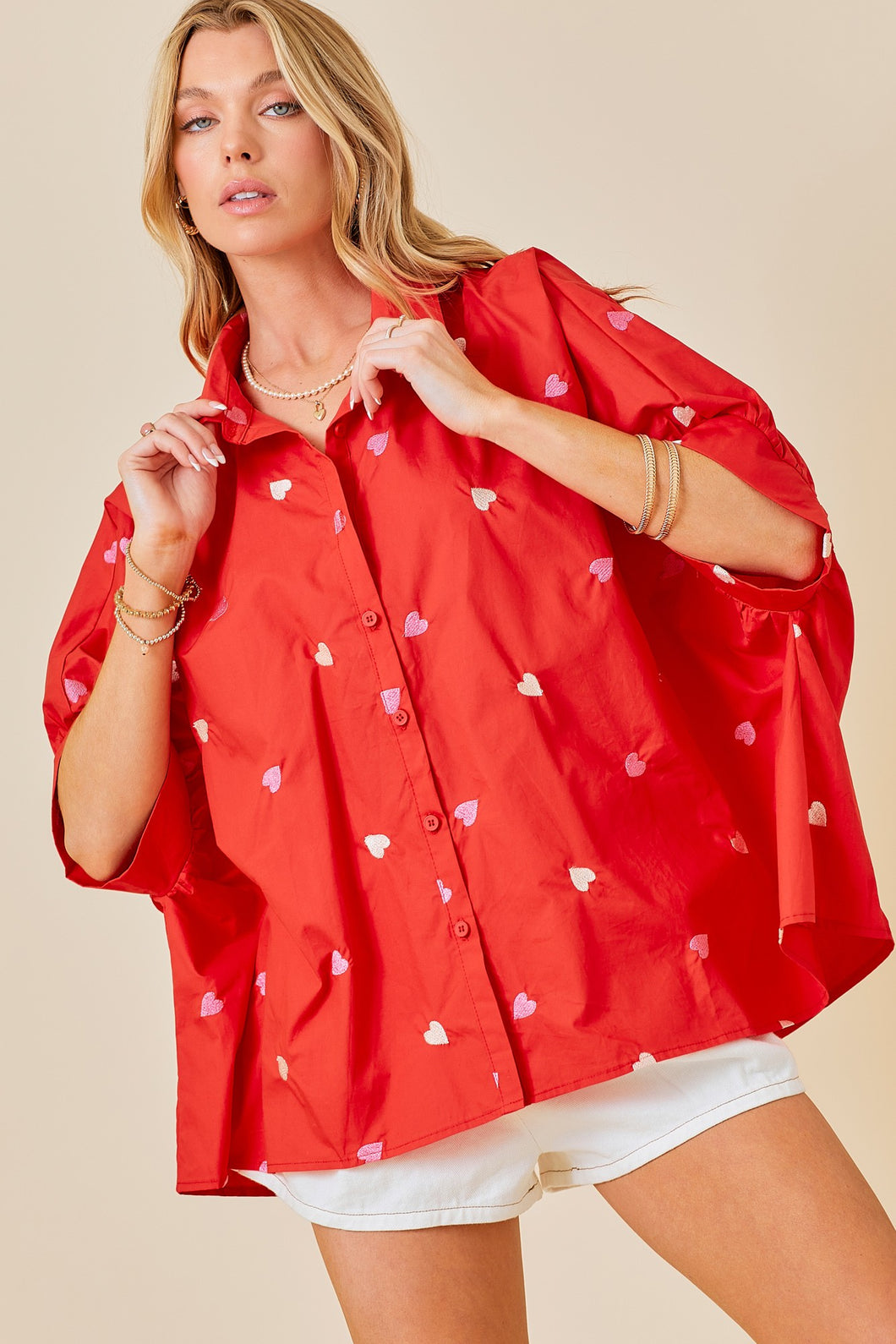 Heart Embroidered Oversized Shirt