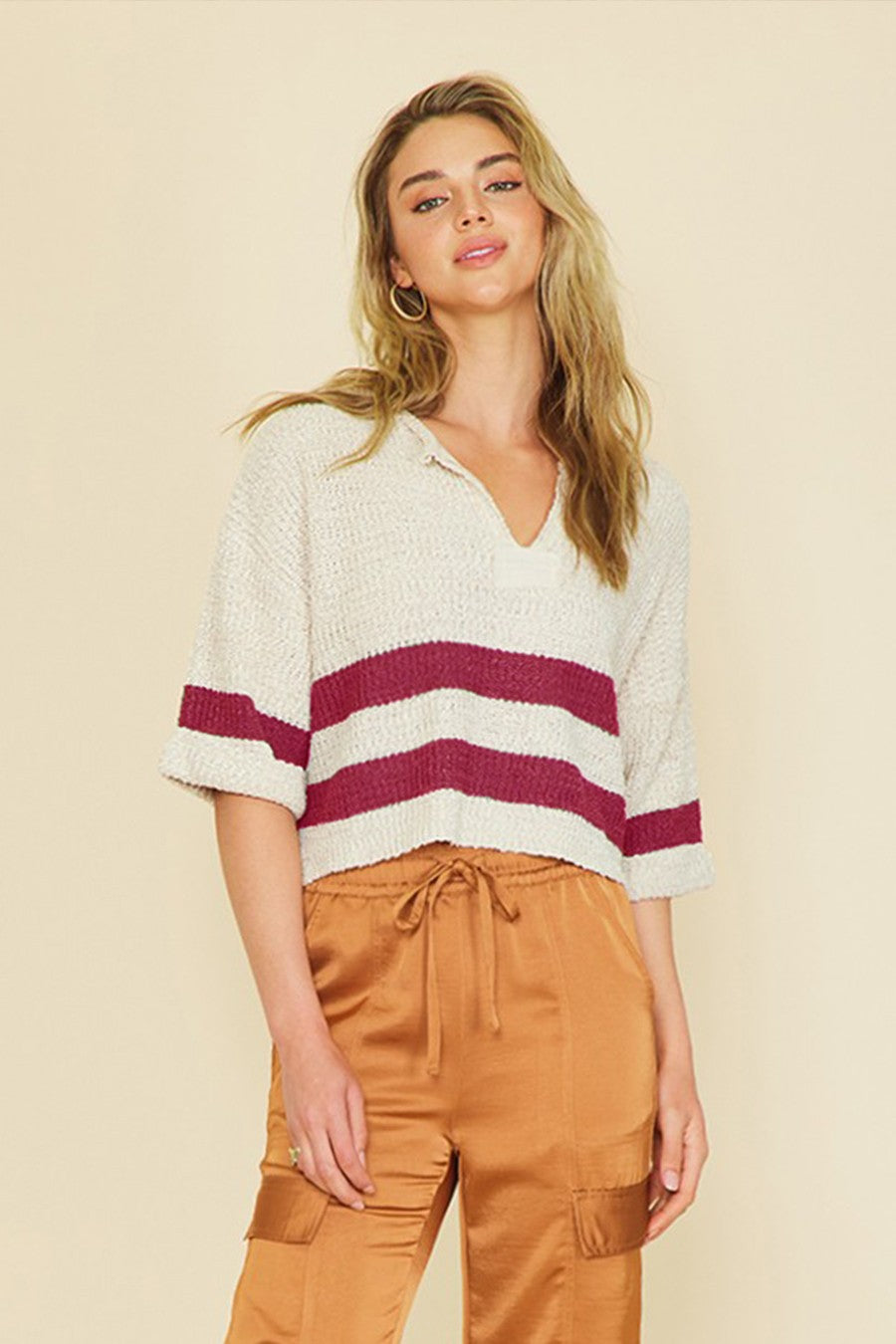 Magenta Striped Crop Sweater Top