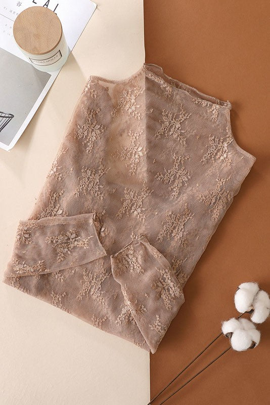 Coffee Sheer Lace Long Sleeve Top