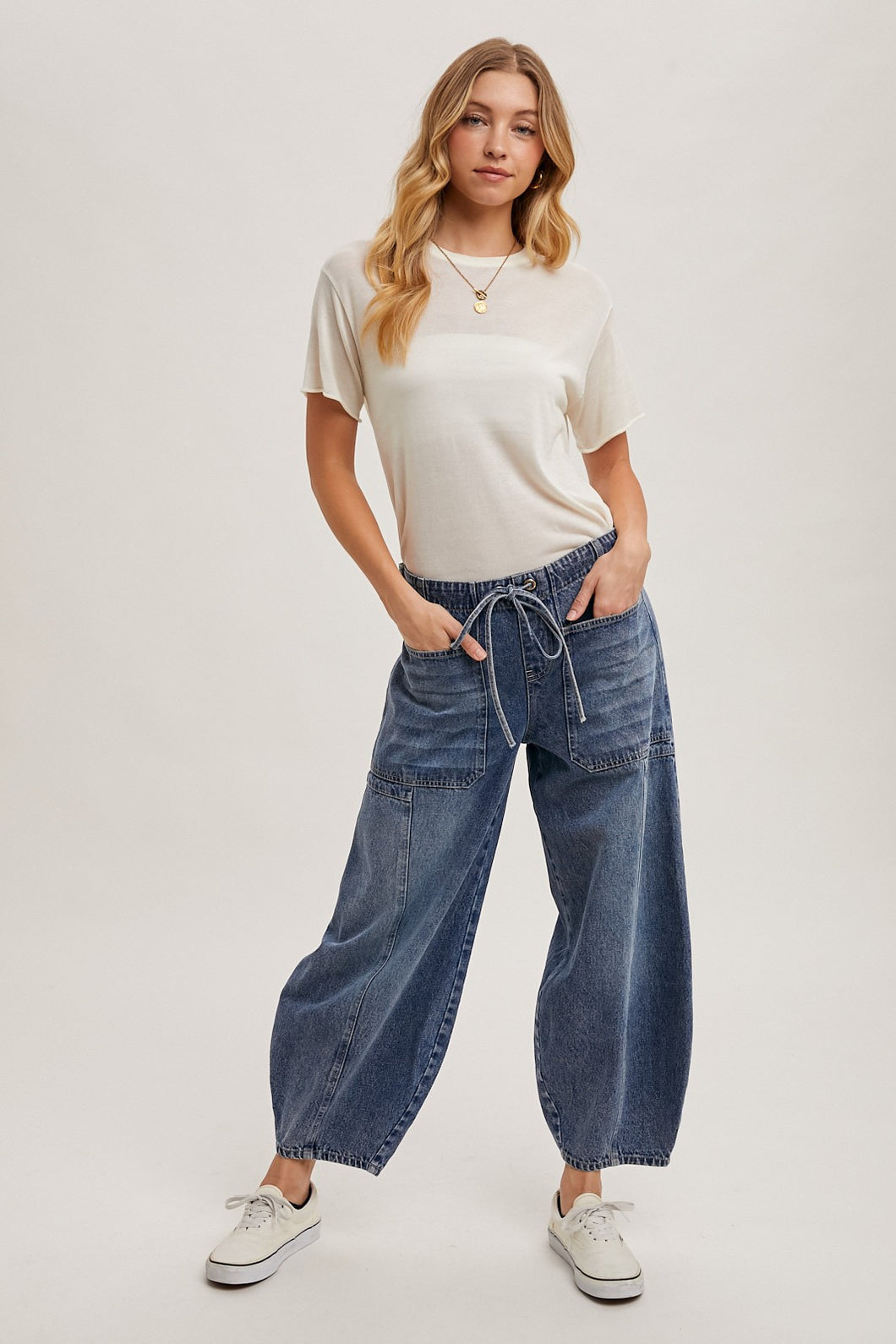 Mid-Waist Dark Wash Drawstring Barrel Jeans