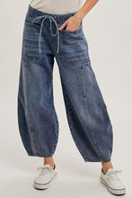 Load image into Gallery viewer, Mid-Waist Dark Wash Drawstring Barrel Jeans
