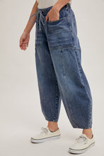 Load image into Gallery viewer, Mid-Waist Dark Wash Drawstring Barrel Jeans
