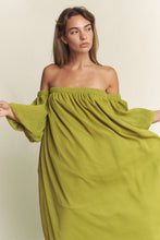 Load image into Gallery viewer, Take A Moment Chiffon Off Shoulder Maxi Dress- Chartreuse
