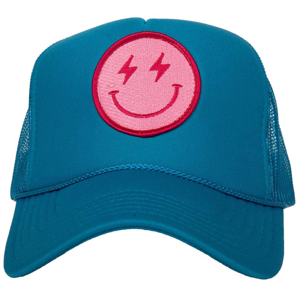 Hot Pink Lightning Happy Face Trucker Hat: Blue