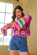 Load image into Gallery viewer, Orchid Fuchsia Crochet Striped Sleeve Cropped Top
