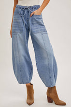 Load image into Gallery viewer, Mid-Waist Light Wash Drawstring Barrel Jeans
