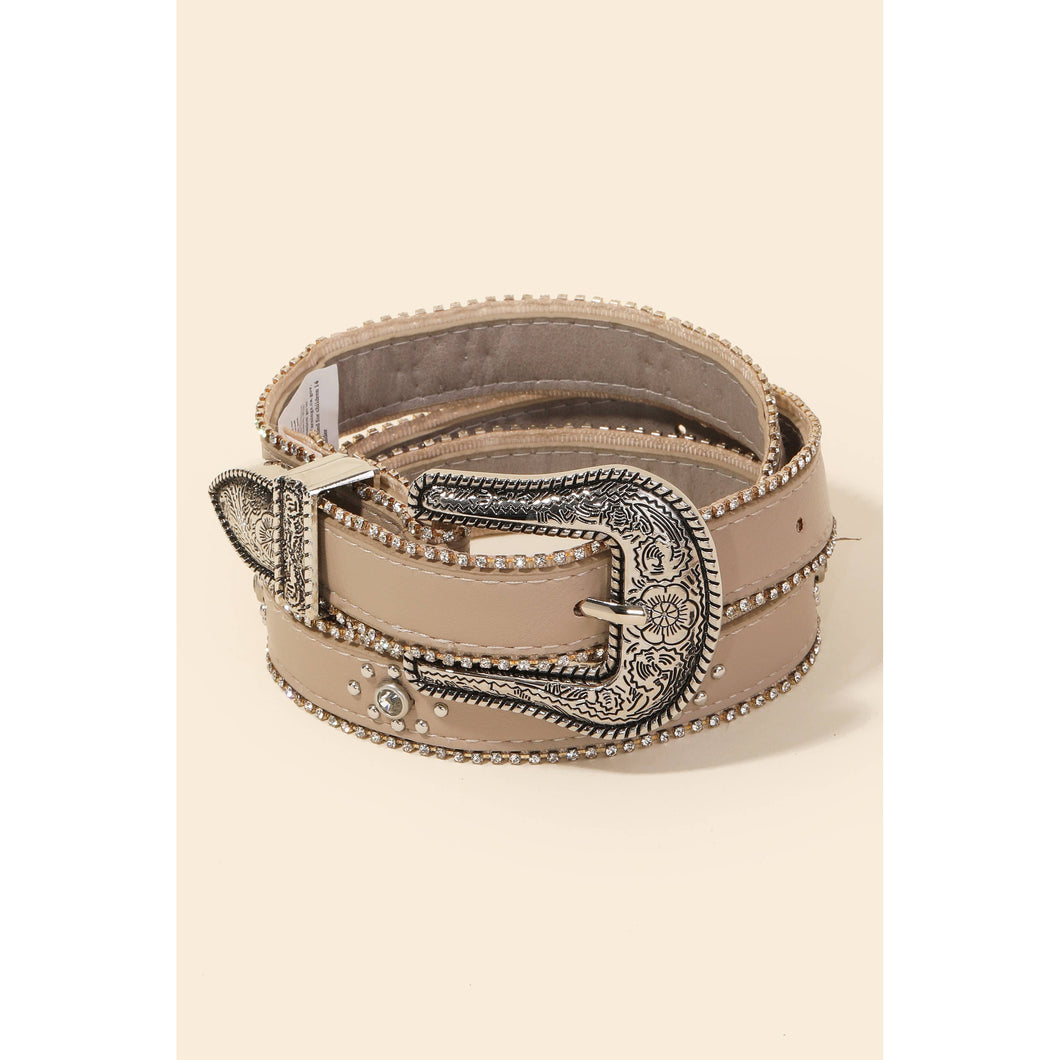 Rhinestone Studs Thin Faux Leather Belt: Khaki