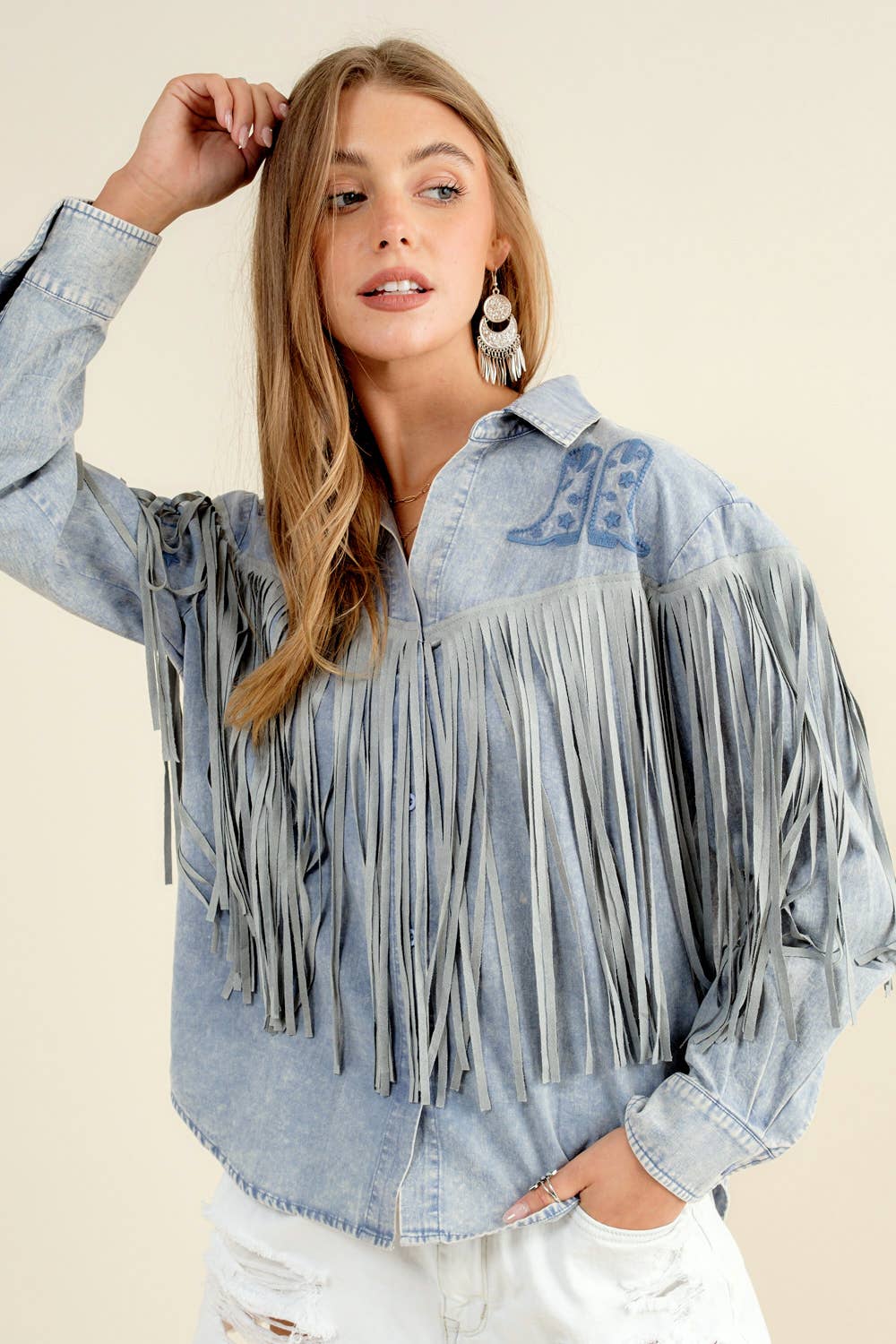 Embroidered Fringe Button Up Shirt