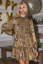 Load image into Gallery viewer, Distressed Gold and Olive Foiled Baby Doll Dress
