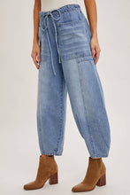 Load image into Gallery viewer, Mid-Waist Light Wash Drawstring Barrel Jeans
