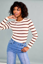 Load image into Gallery viewer, Cream Brown Round Neck Long Sleeve Stripe Knit Bodysuit
