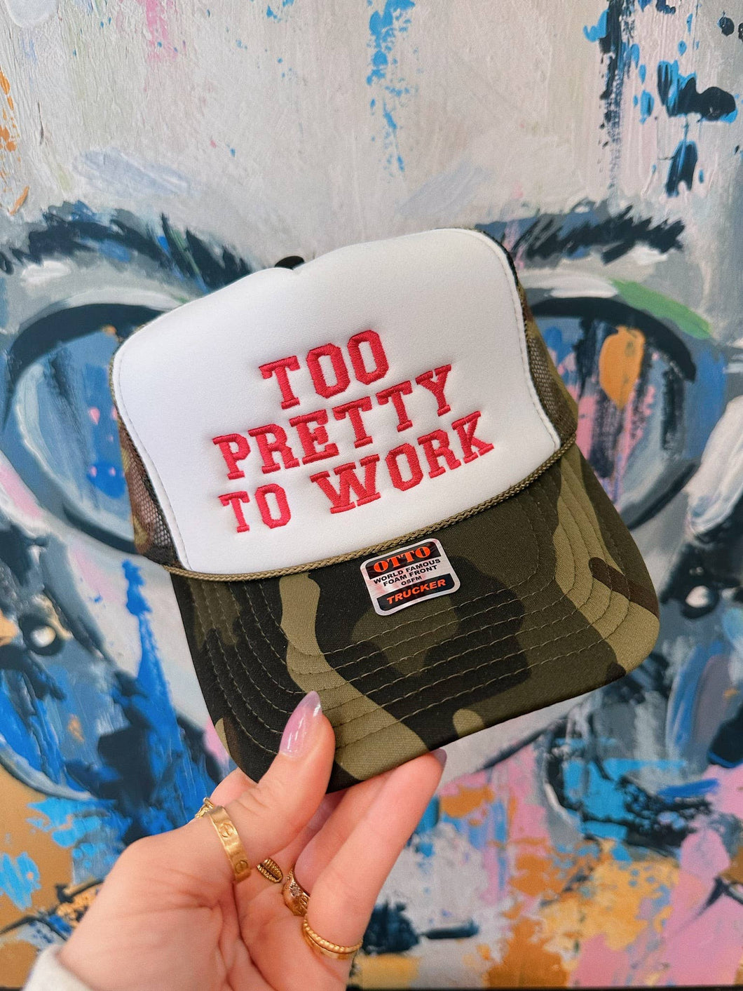 Too Pretty To Work Trucker Hat: Camo Red