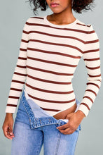 Load image into Gallery viewer, Cream Brown Round Neck Long Sleeve Stripe Knit Bodysuit
