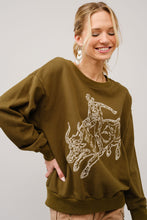 Load image into Gallery viewer, Army Green Bull Riding Embroidered Sweatshirt
