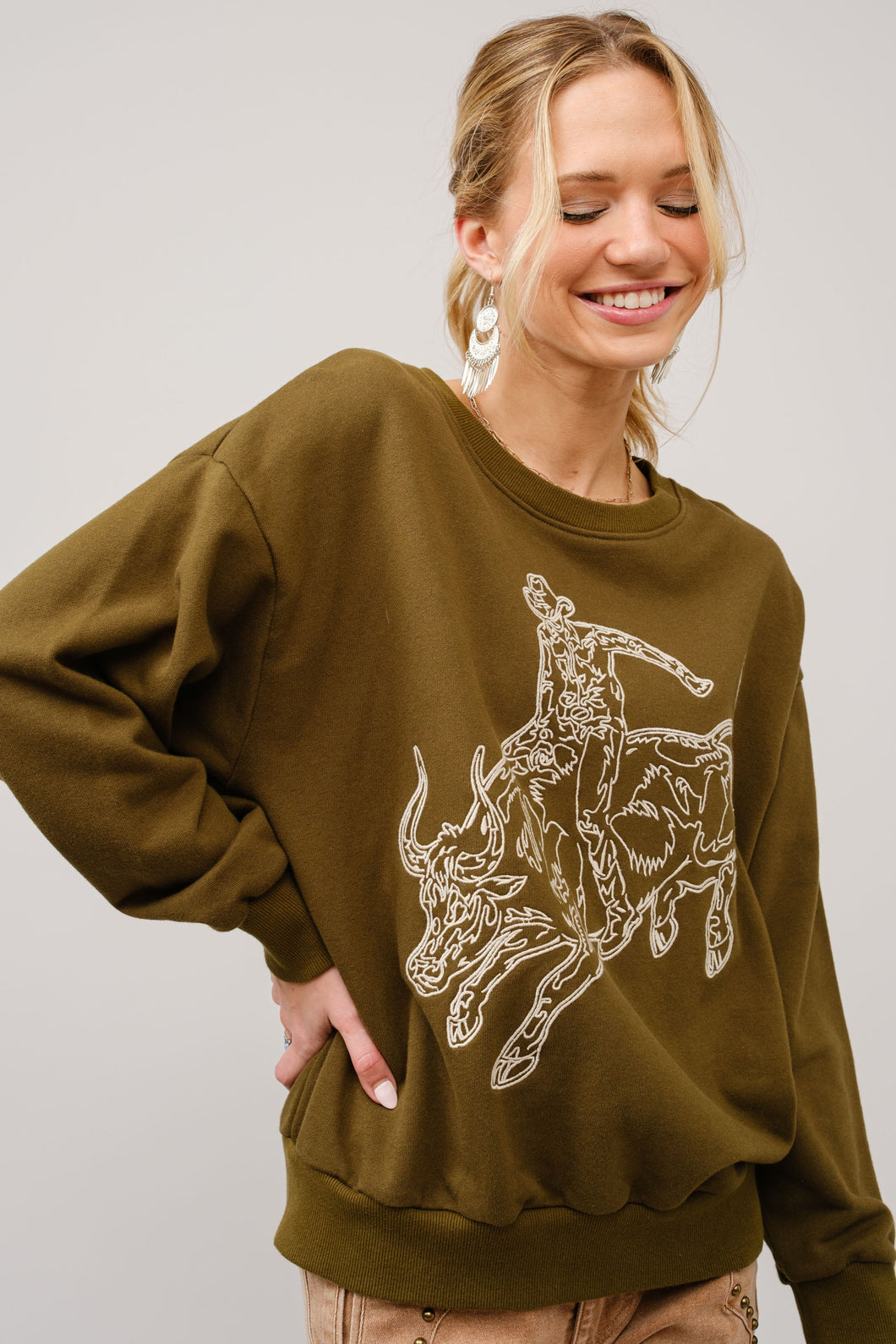 Army Green Bull Riding Embroidered Sweatshirt