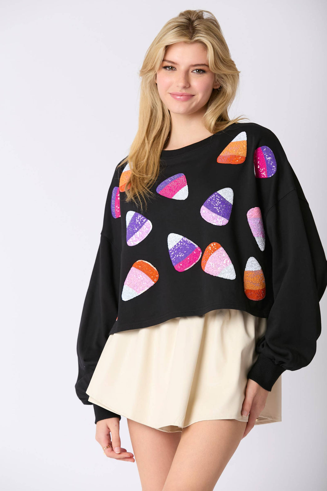 Halloween Candy Corn Embroidery Cropped Sweatshirt