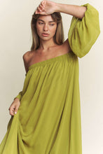 Load image into Gallery viewer, Take A Moment Chiffon Off Shoulder Maxi Dress- Chartreuse
