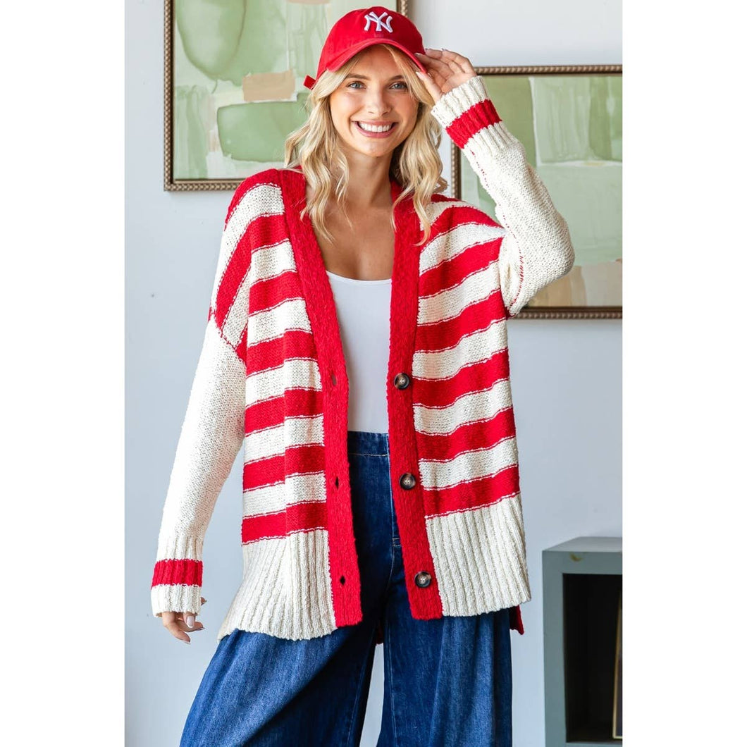 Stripe Mix Oversize Cardigan: Red Combo