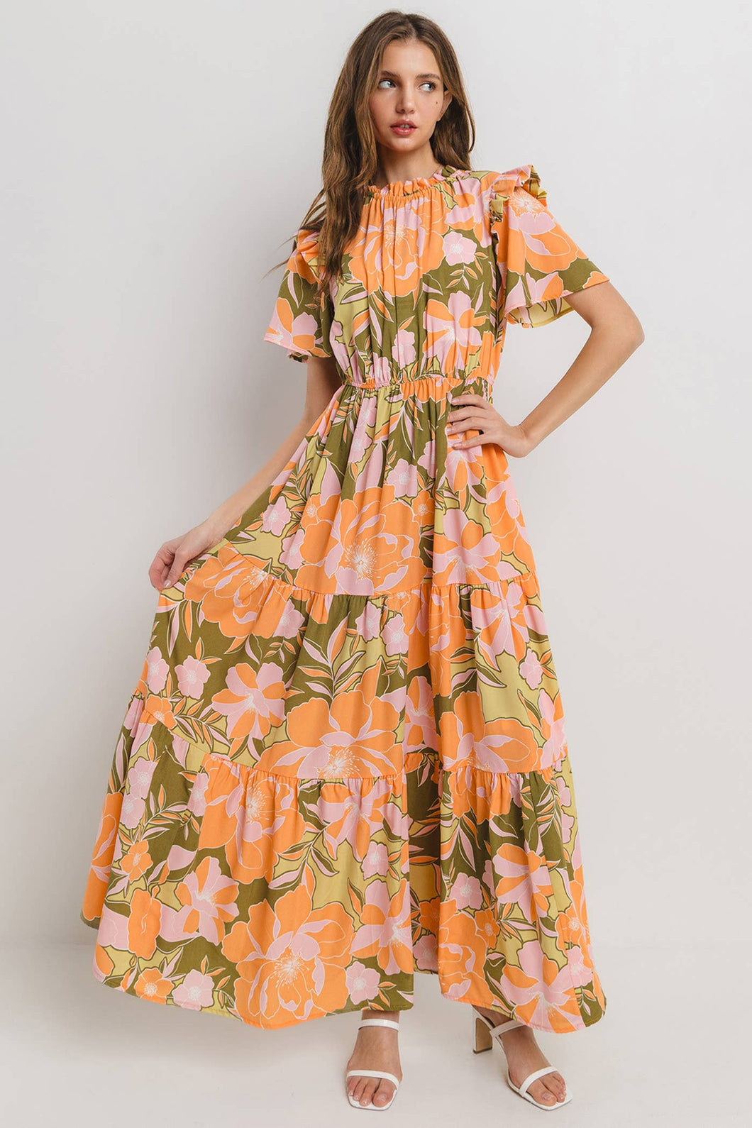 Autumn Sunrise Floral Printed Tiered Ruffle Dress