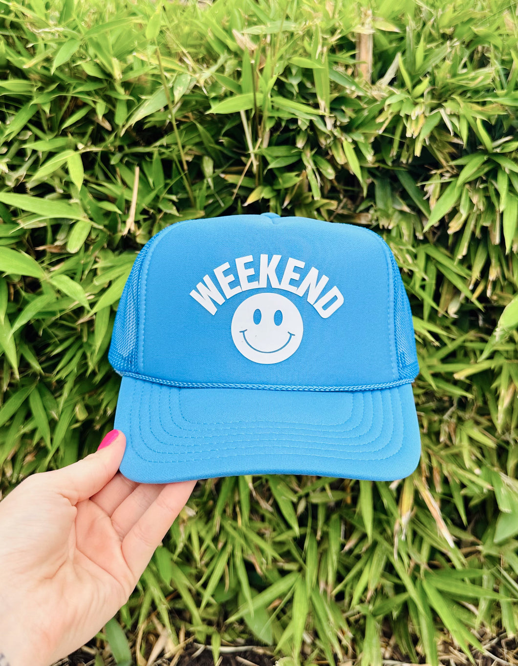 Weekend Smiley Trucker Hat Light Blue