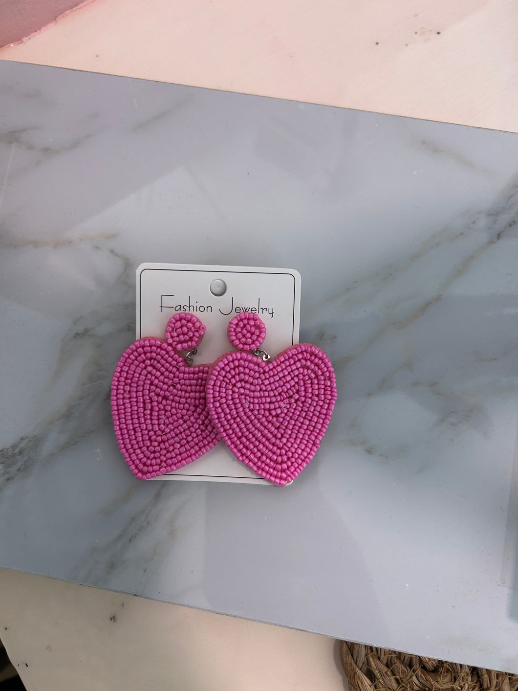 Pink Beaded Heart Earrings