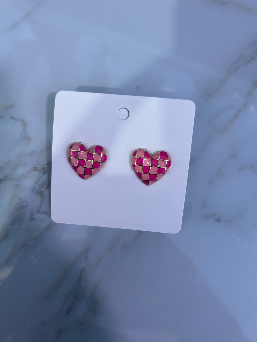 Pink Checkered Heart Studs