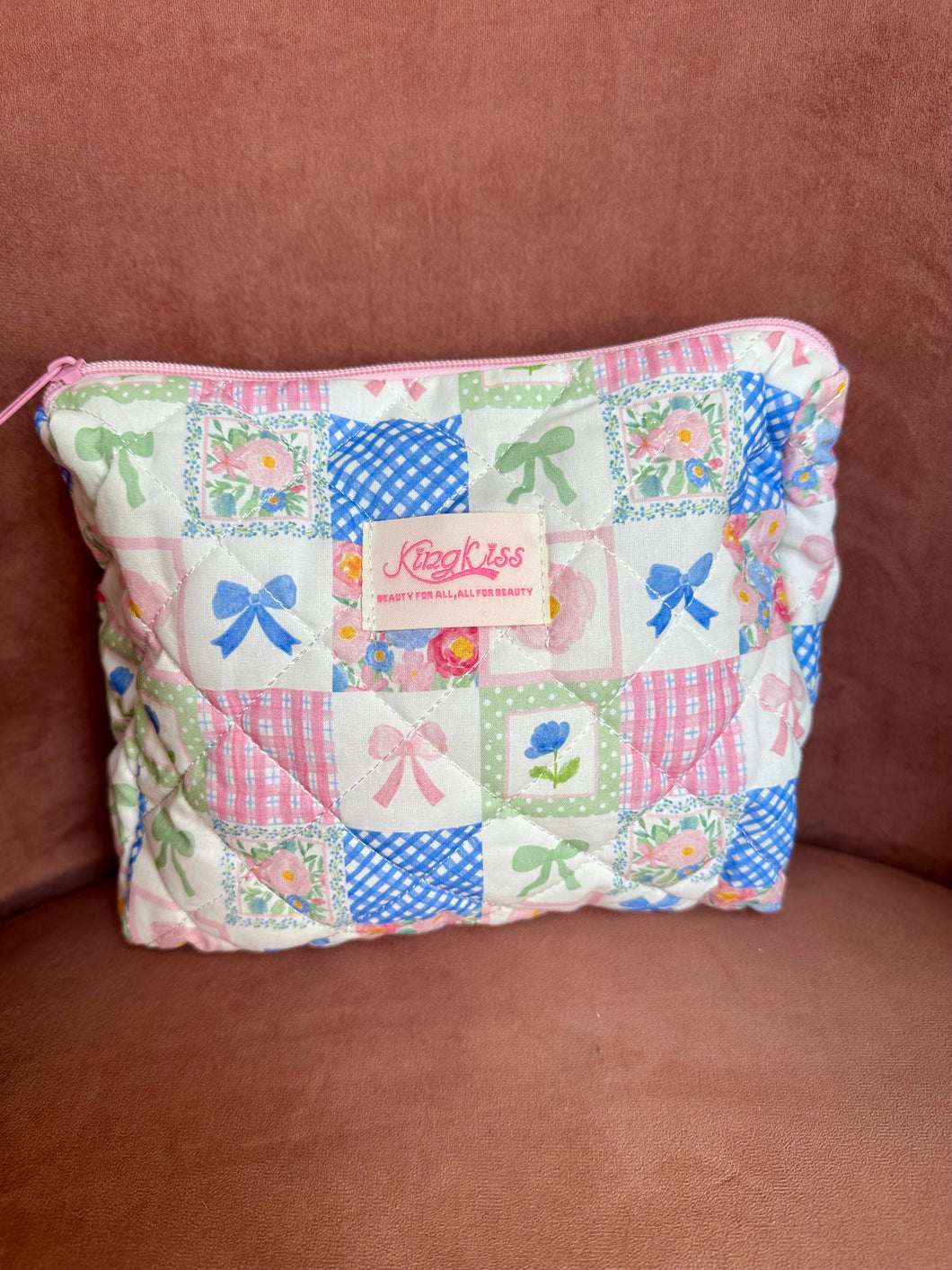 Flower & Bow Quilted Makeup Bag (Medium Sized)