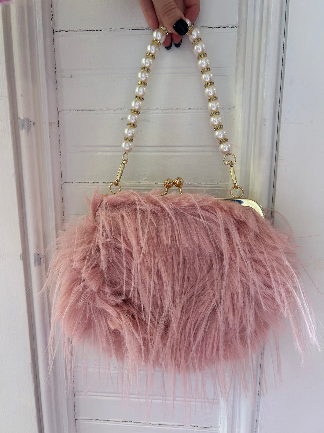 Pink Fur & Pearl Purse