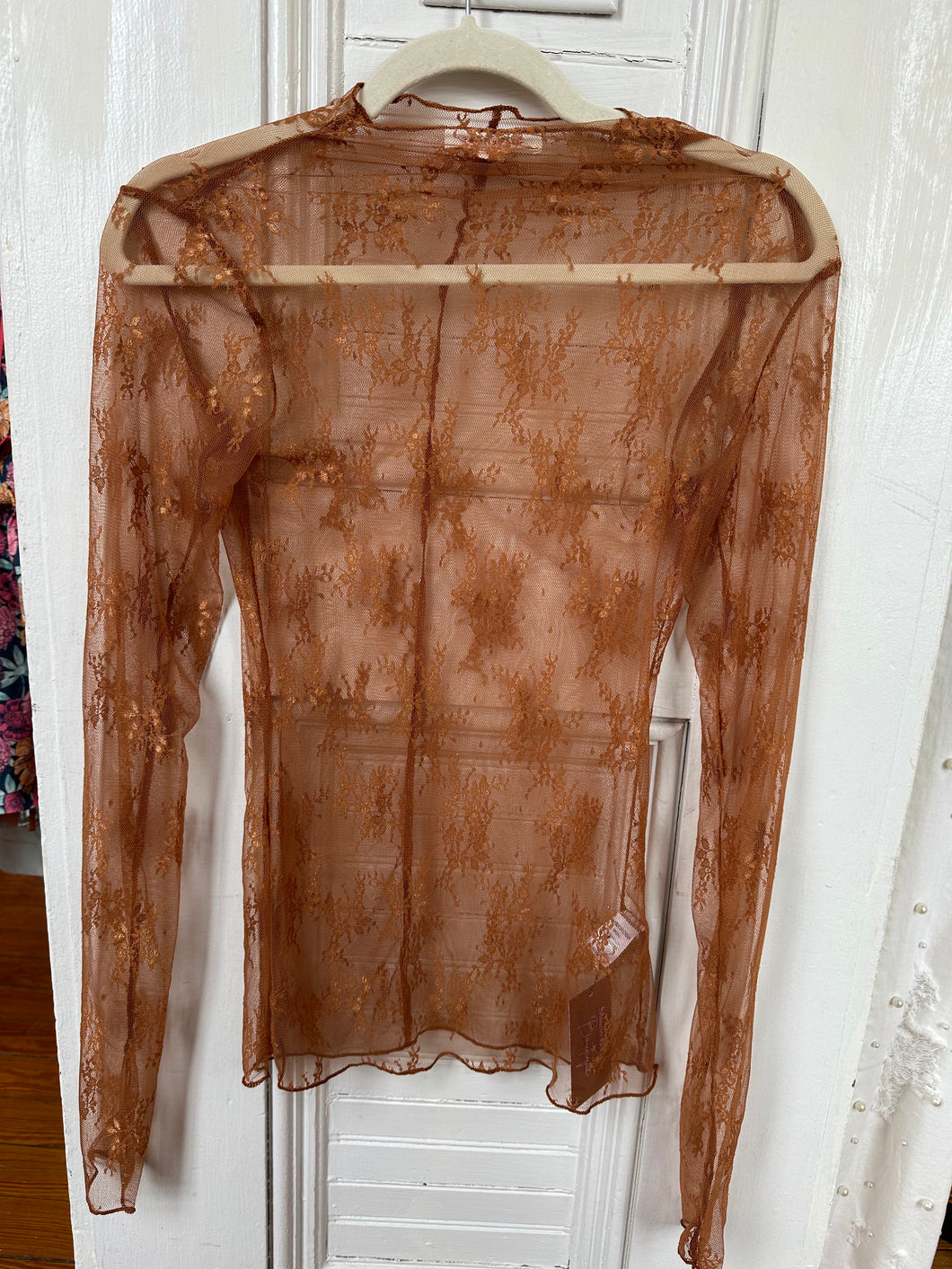 Caramel Sheer Lace Long Sleeve Top