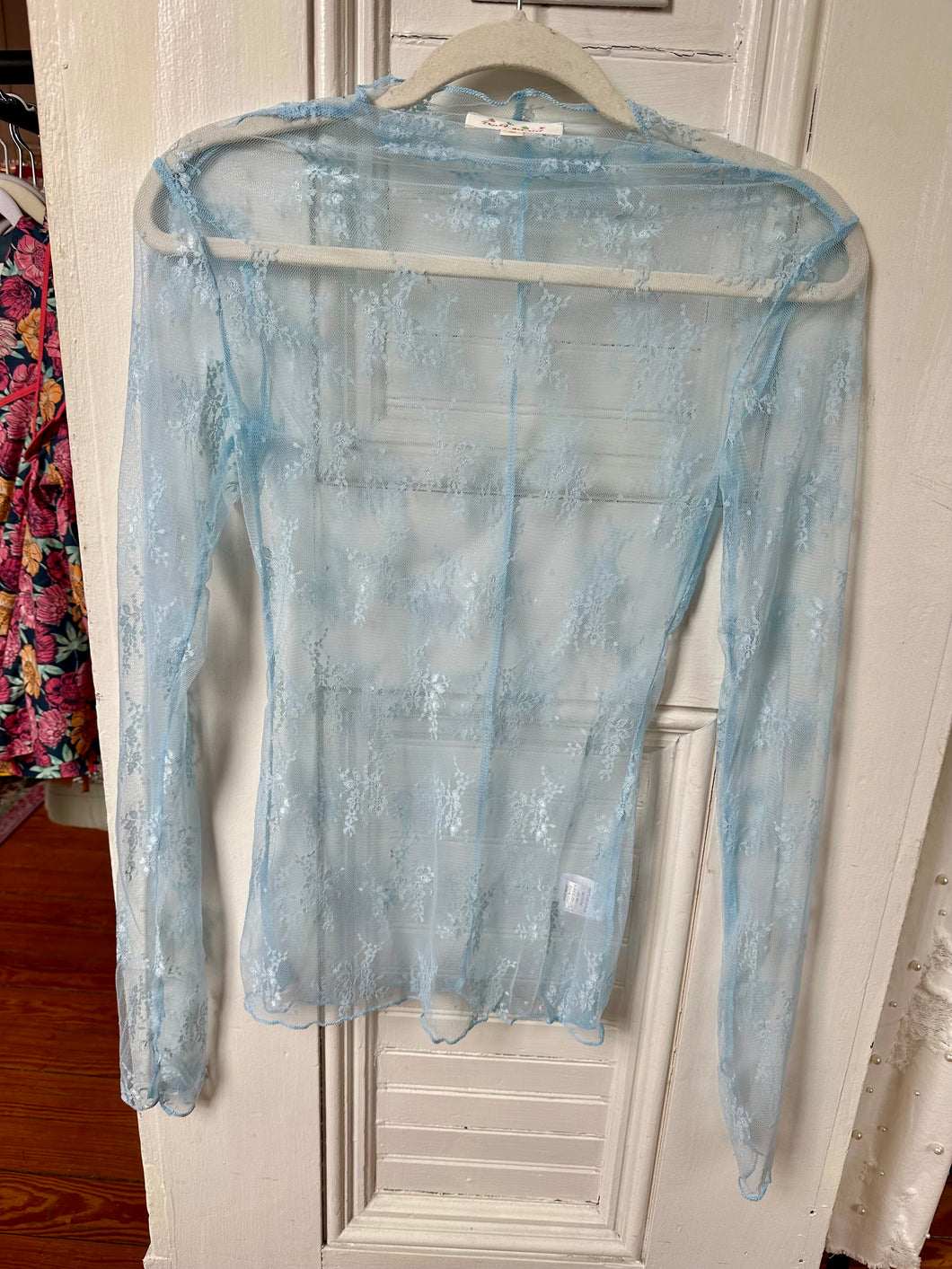 Light Blue Sheer Lace Long Sleeve Top