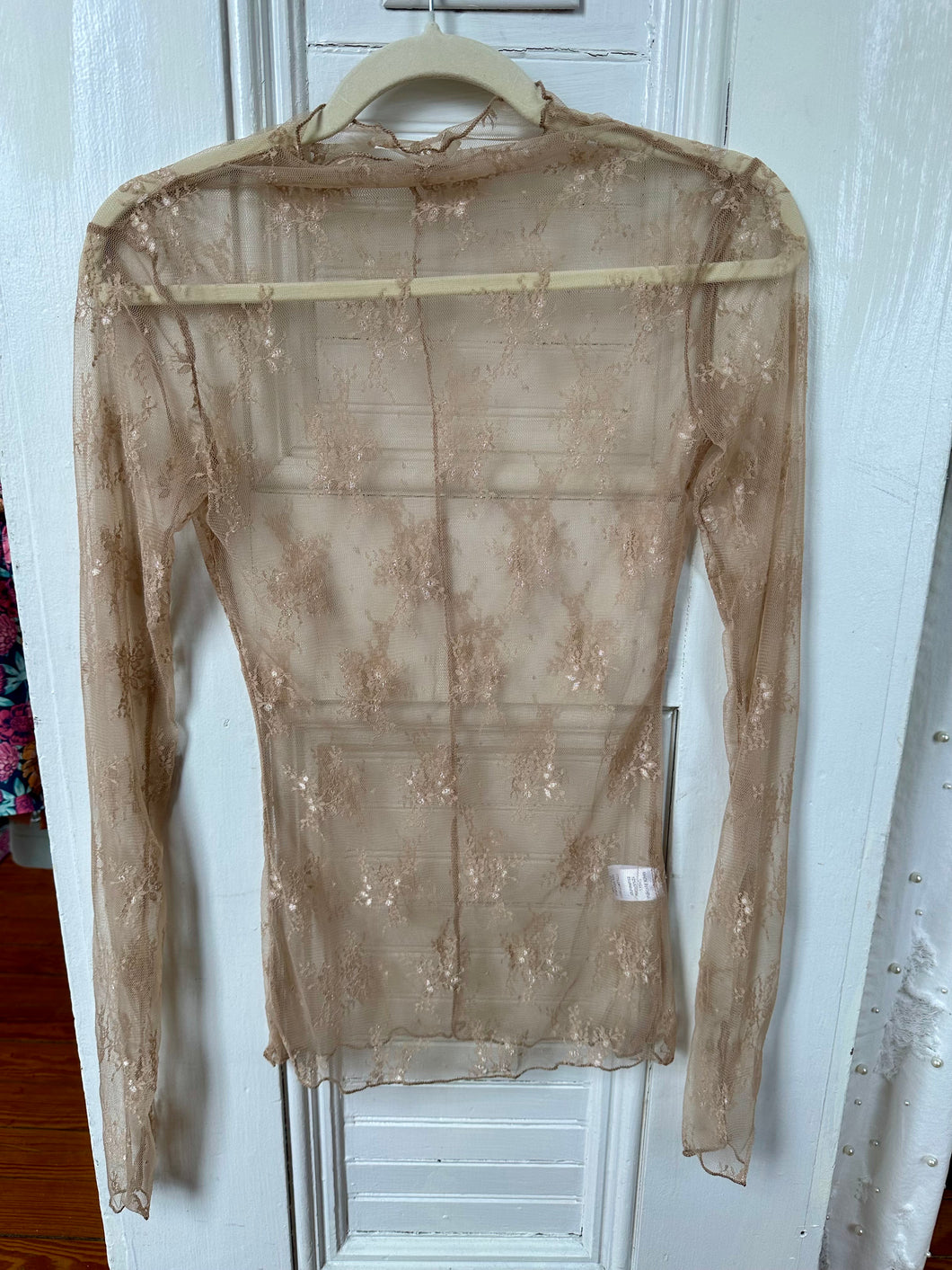Beige Sheer Lace Long Sleeve Top