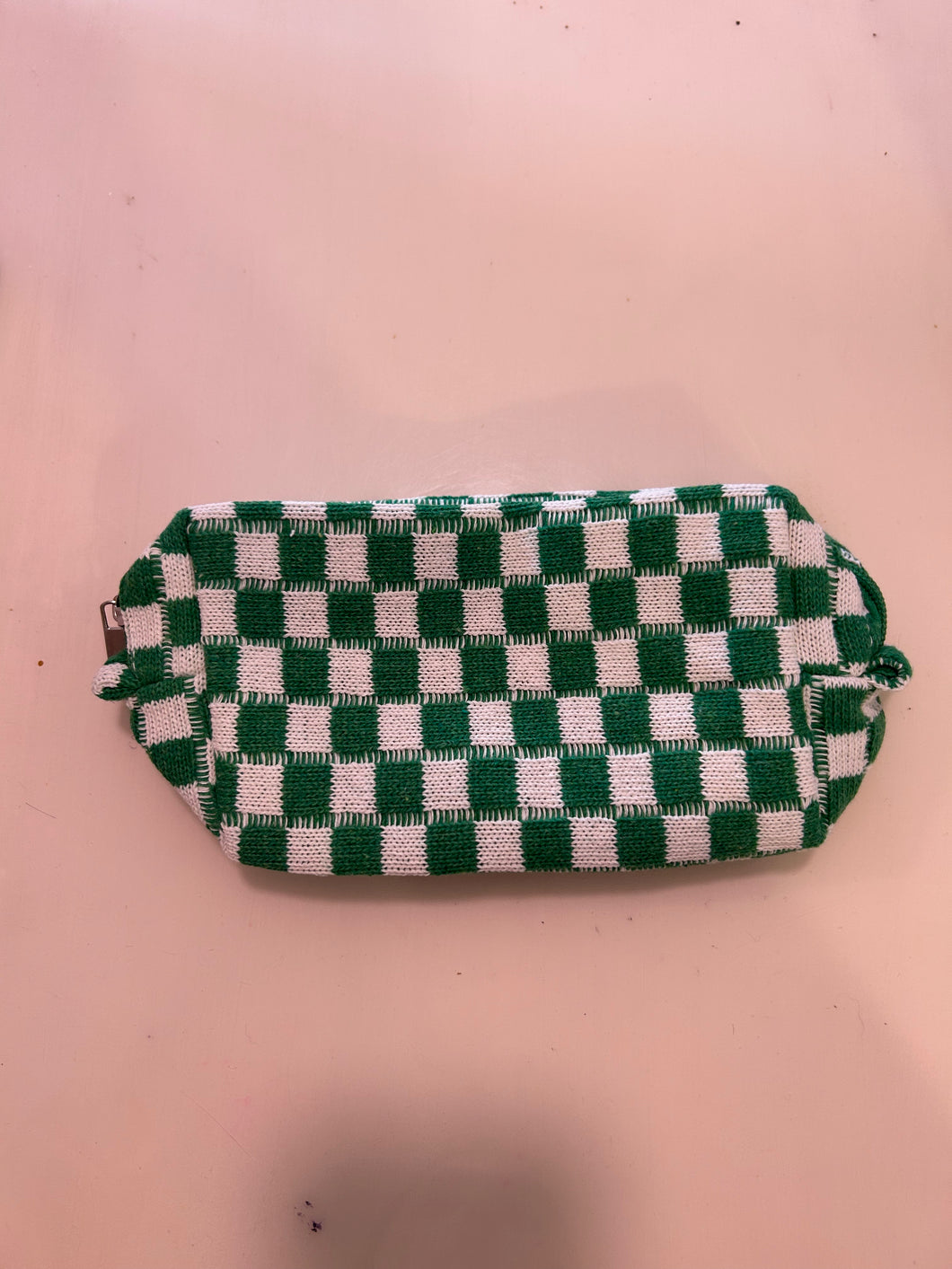 Knitted Kelly Green Checkered Pencil/Makeup Bag