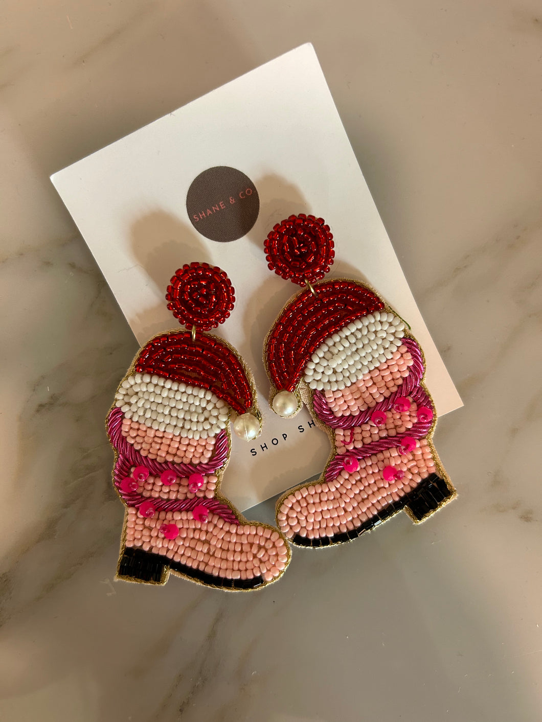 Beaded Pink Boot Christmas Earrings