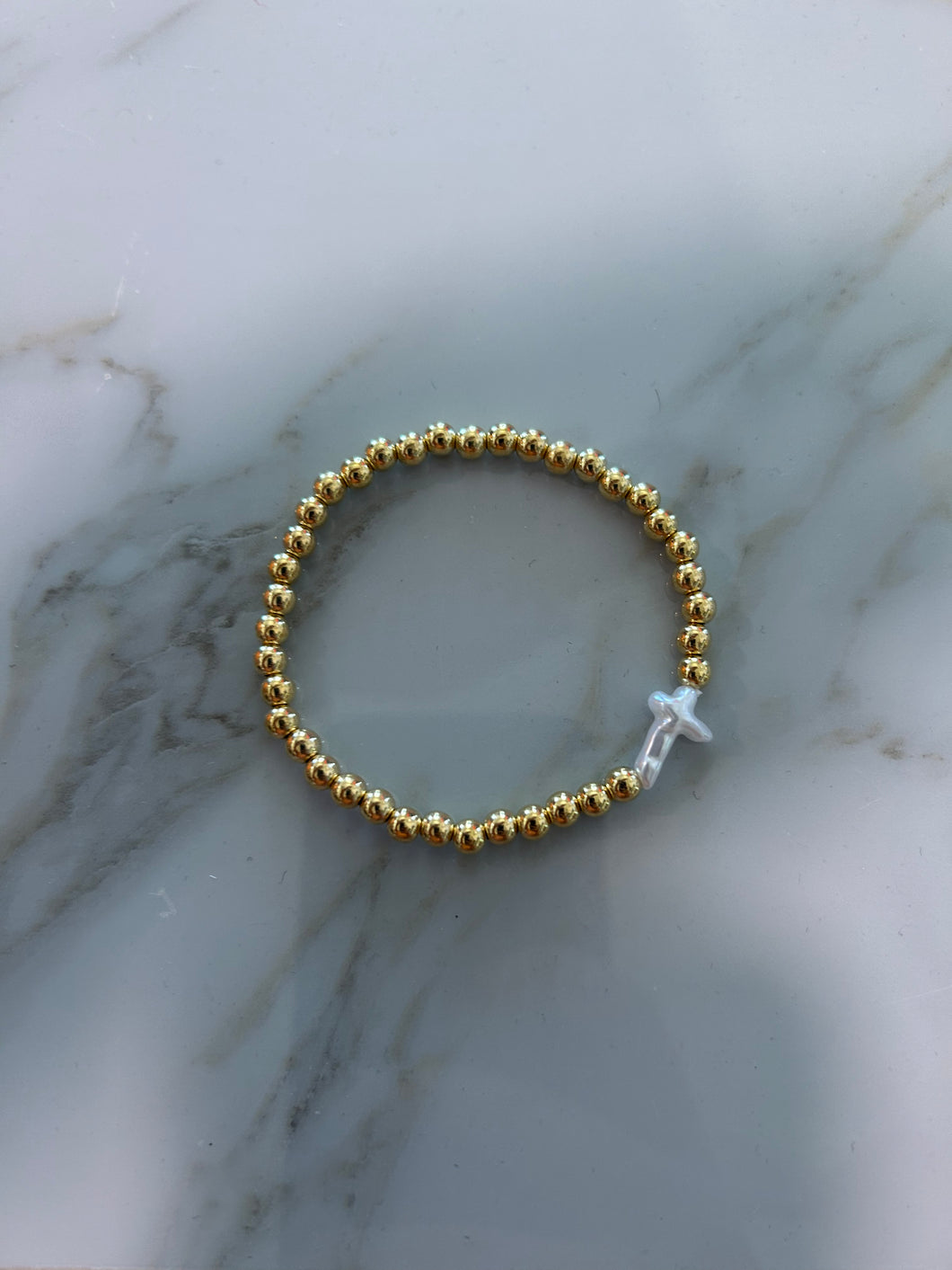 Gold Beaded Pearl Cross Bracelet