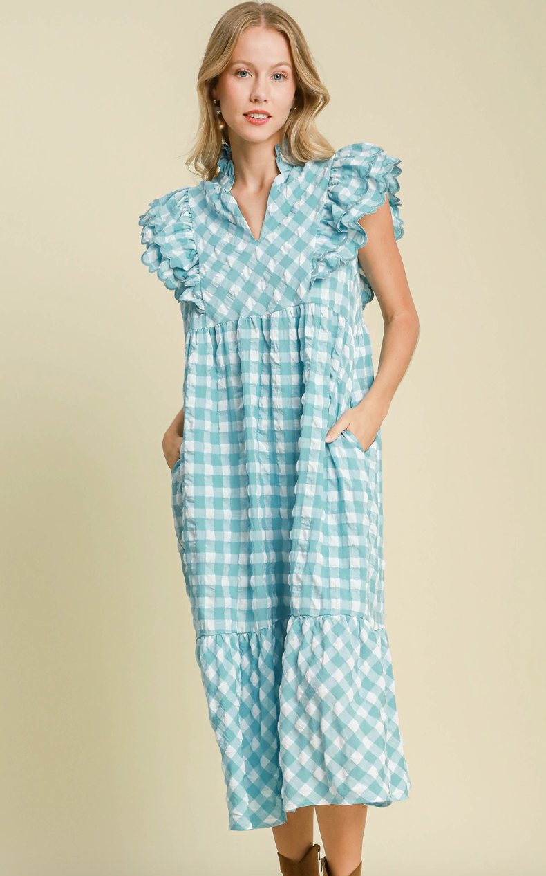 Light Blue Gingham Midi Checkered Dress