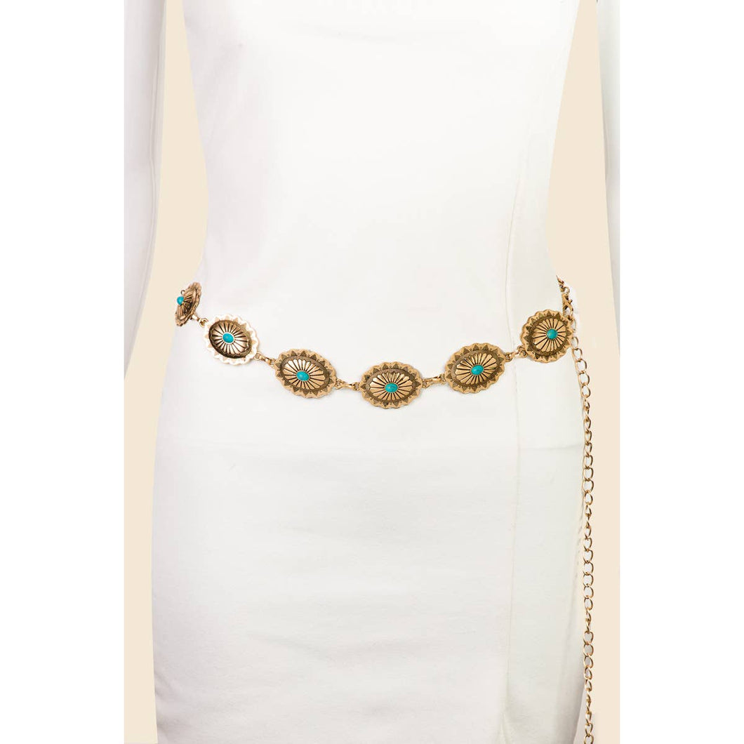 Western Oval Turquoise Chain Belt: Gold