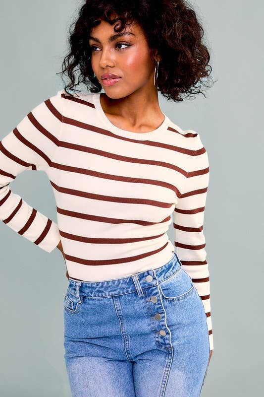 Cream Brown Round Neck Long Sleeve Stripe Knit Bodysuit