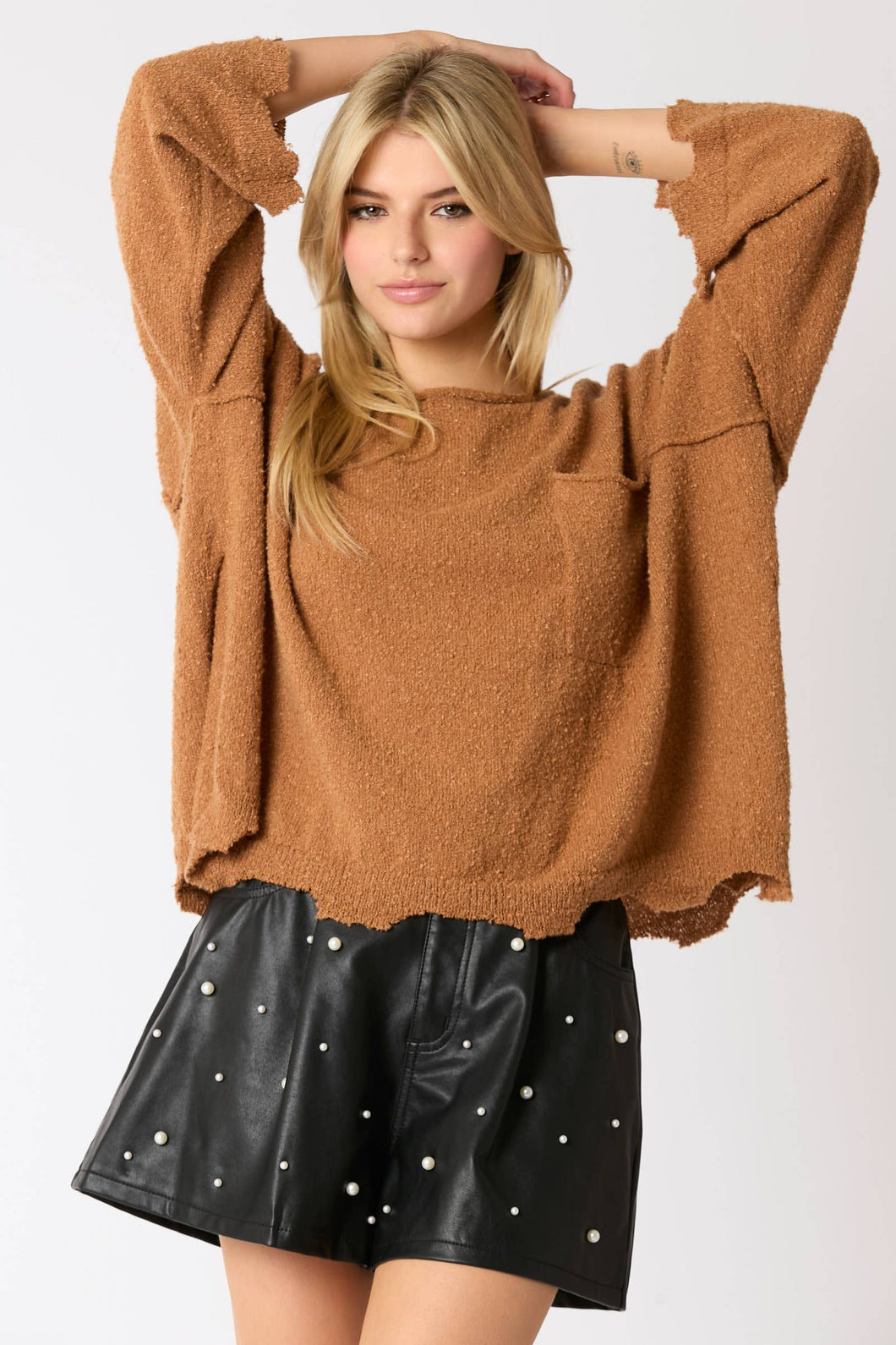 Sure Thing Brown Raw Edge Loose Fit Sweater