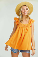 Load image into Gallery viewer, Orange Sunburst Ruffle Shoulder Babydoll Top
