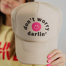 Load image into Gallery viewer, Don&#39;t Worry Darlin&#39; Happy Face Trucker Hat Khaki
