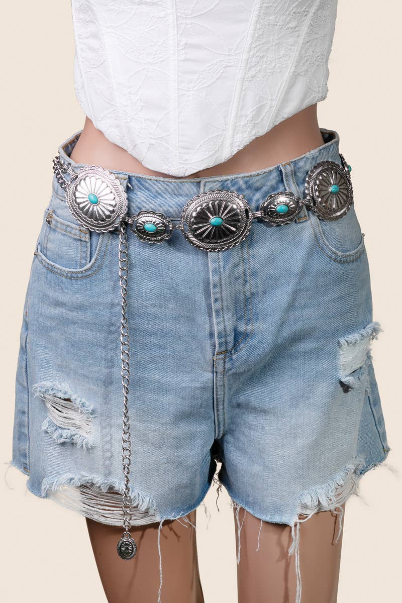 Flower Concho Disc Chain Belt: Silver