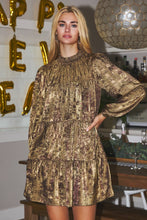 Load image into Gallery viewer, Distressed Gold and Olive Foiled Baby Doll Dress
